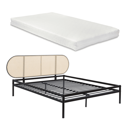 Cama metálica Linköping com cabeceira ovalada + colchão 160x200cm Preto  Efeito rattan en.casa