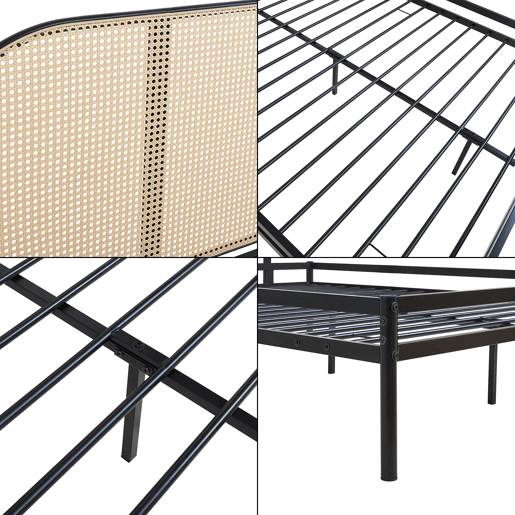 Cama metálica Linköping com cabeceira ovalada + colchão 160x200cm Preto  Efeito rattan en.casa