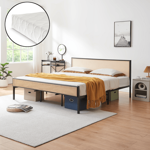 Cama metálica Linköping com cabeceira rectangular + colchão 180x200cm Preto  Efeito rattan en.casa