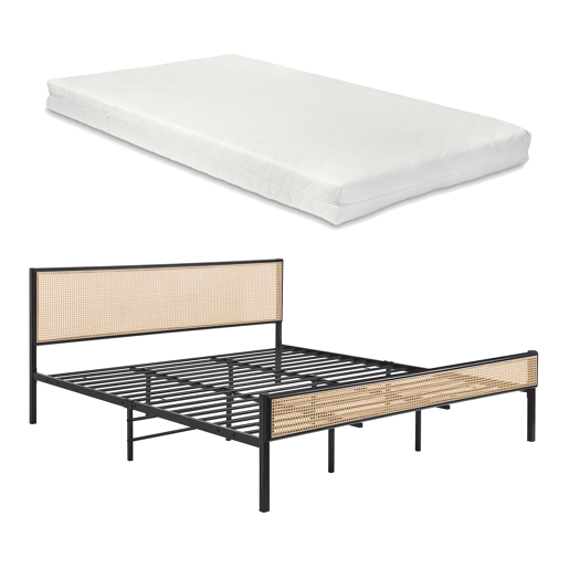 Cama metálica Linköping com cabeceira rectangular + colchão 180x200cm Preto  Efeito rattan en.casa