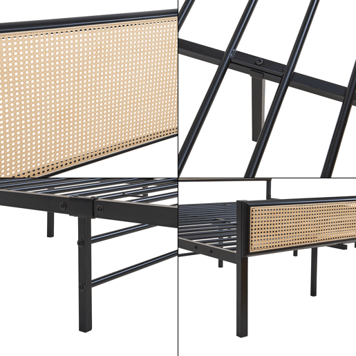 Cama metálica Linköping com cabeceira rectangular + colchão 180x200cm Preto  Efeito rattan en.casa