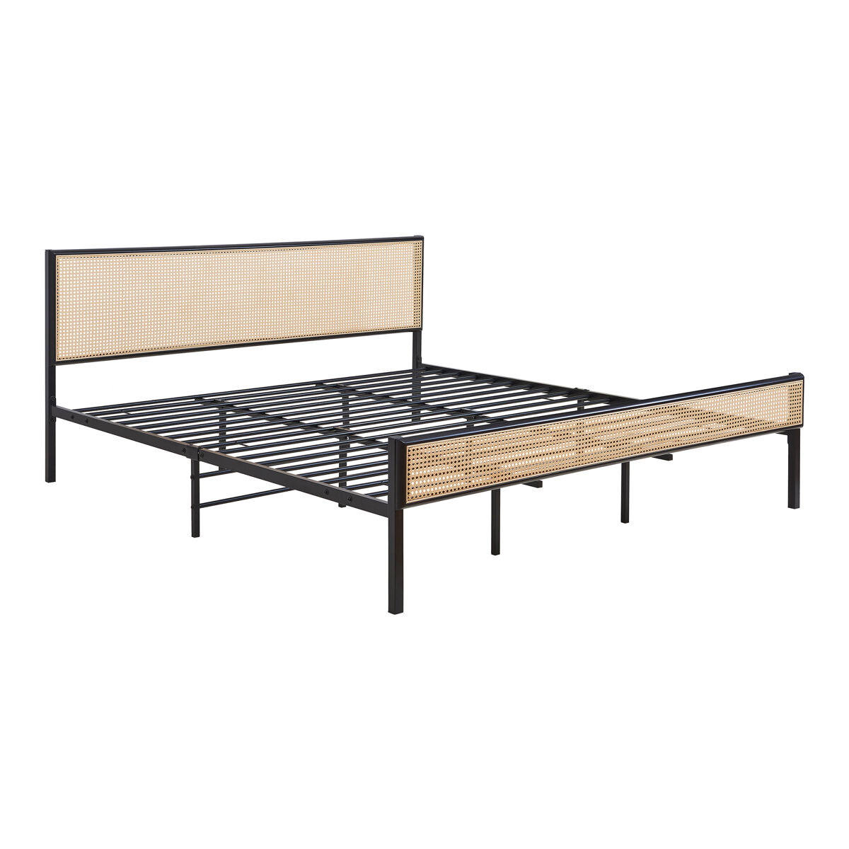 Cama metálica linköping cabecero rectangular 180x200cm negro / efecto ratán [en.casa]