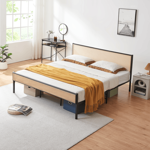 Cama metálica Linköping com cabeceira rectangular 180x200cm Preto  Efeito rattan en.casa
