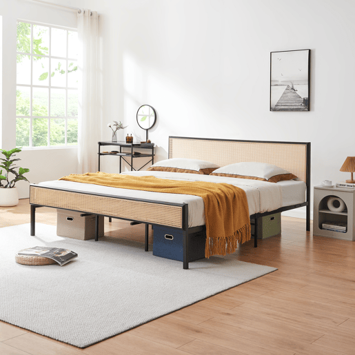 Cama metálica Linköping com cabeceira rectangular 180x200cm Preto  Efeito rattan en.casa