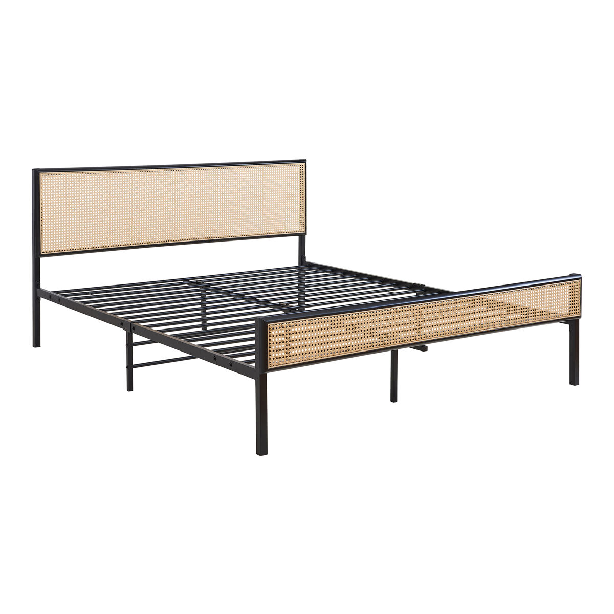 Cama metálica linköping cabecero rectangular 160x200cm negro / efecto ratán [en.casa]