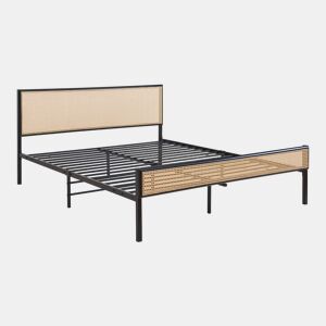 Cama metálica Linköping com cabeceira rectangular 160x200cm Preto  Efeito rattan en.casa