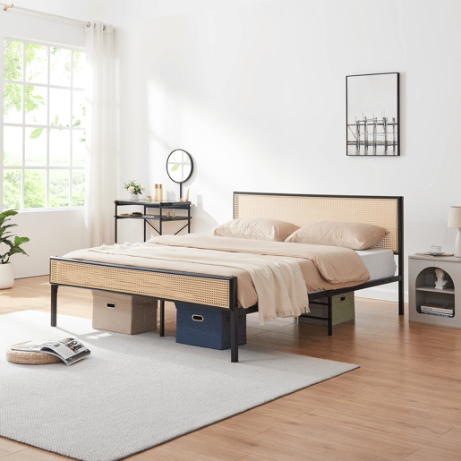 Cama metálica Linköping com cabeceira rectangular 160x200cm Preto  Efeito rattan en.casa
