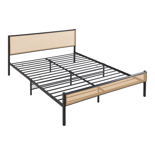 Cama metálica Linköping com cabeceira rectangular + colchão 160x200cm Preto  Efeito rattan en.casa