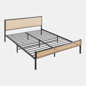 Cama metálica Linköping com cabeceira rectangular + colchão 160x200cm Preto  Efeito rattan en.casa