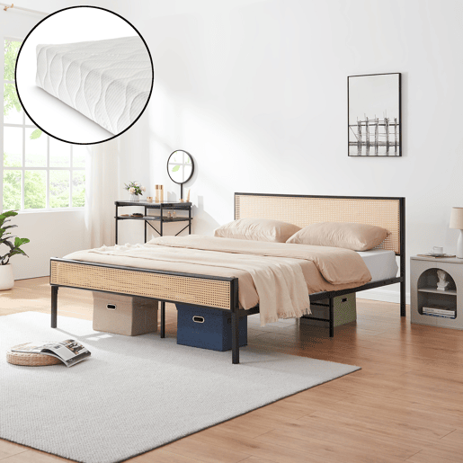 Cama metálica Linköping com cabeceira rectangular + colchão 160x200cm Preto  Efeito rattan en.casa