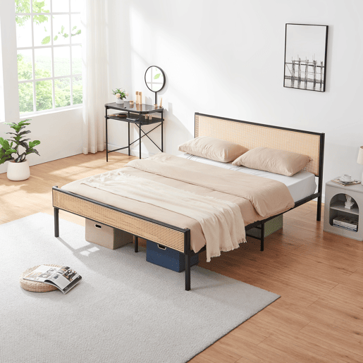 Cama metálica Linköping com cabeceira rectangular + colchão 160x200cm Preto  Efeito rattan en.casa