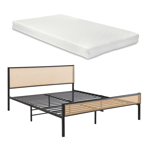 Cama metálica Linköping com cabeceira rectangular + colchão 160x200cm Preto  Efeito rattan en.casa