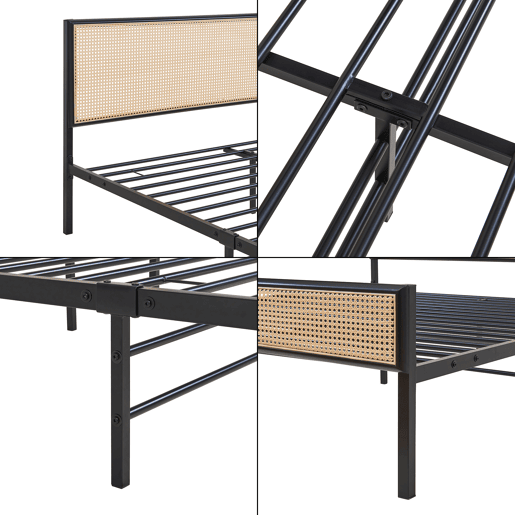Cama metálica Linköping com cabeceira rectangular + colchão 160x200cm Preto  Efeito rattan en.casa