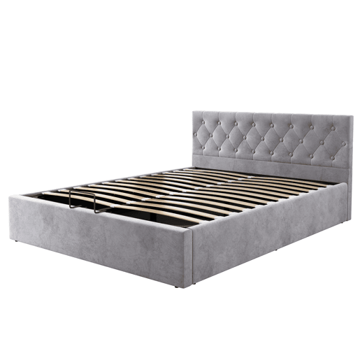 Cama estofada 140x200 cm - Cabeceira capitoné, cama de casal, cama hidráulica com arrumação, estrado - Cinza