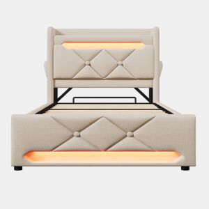 Cama individual 90x200 - Cabeceira com armazenamento e portas USB e tipo C, função LED 360º, com armazenamento hidráulico - Bege