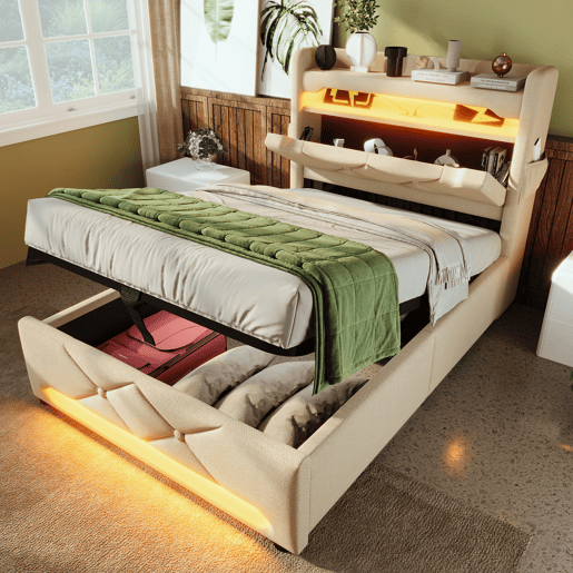 Cama individual 90x200 - Cabeceira com armazenamento e portas USB e tipo C, função LED 360º, com armazenamento hidráulico - Bege