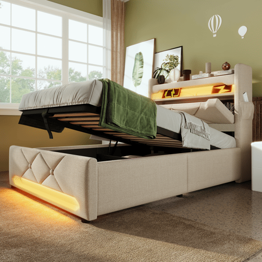 Cama individual 90x200 - Cabeceira com armazenamento e portas USB e tipo C, função LED 360º, com armazenamento hidráulico - Bege