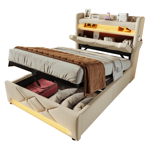 Cama individual 90x200 - Cabeceira com armazenamento e portas USB e tipo C, função LED 360º, com armazenamento hidráulico - Bege