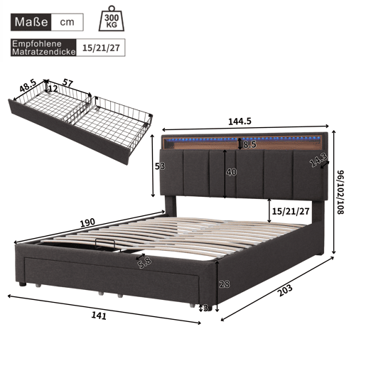 Cama estofada LED 140*190 - armazenamento hidráulico com gavetas e cabeceira rebatível - cinzento