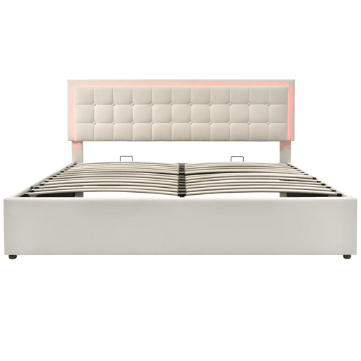 Cama estofada 140x200 - Com base em madeira e arrumação, com faixa de luz LED - Branca