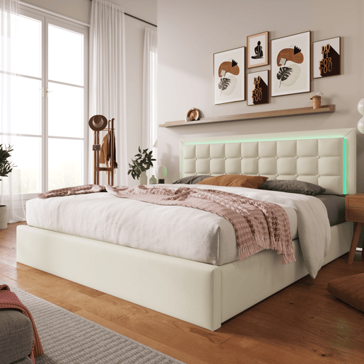 Cama estofada 140x200 - Com base em madeira e arrumação, com faixa de luz LED - Branca