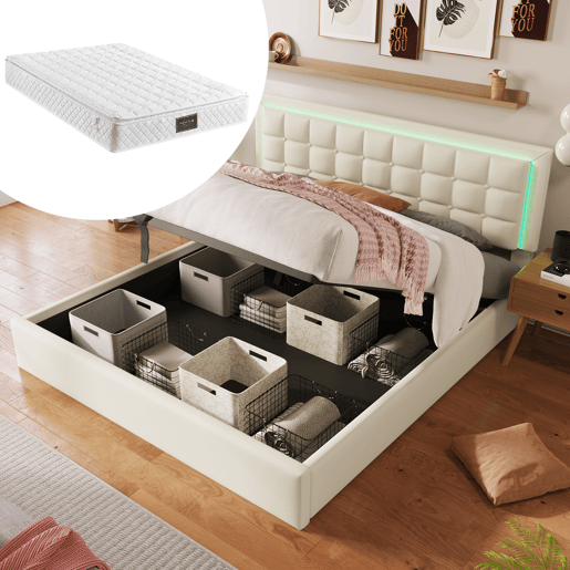 Cama estofada 140x200 - Com base em madeira e arrumação, com faixa de luz LED - Branca