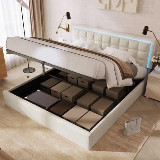 Cama estofada 140x200 - Com base em madeira e arrumação, com faixa de luz LED - Branca