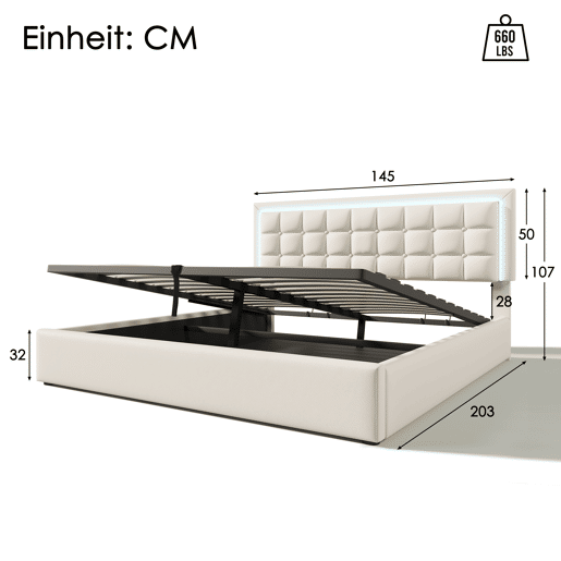 Cama estofada 140x200 - Com base em madeira e arrumação, com faixa de luz LED - Branca