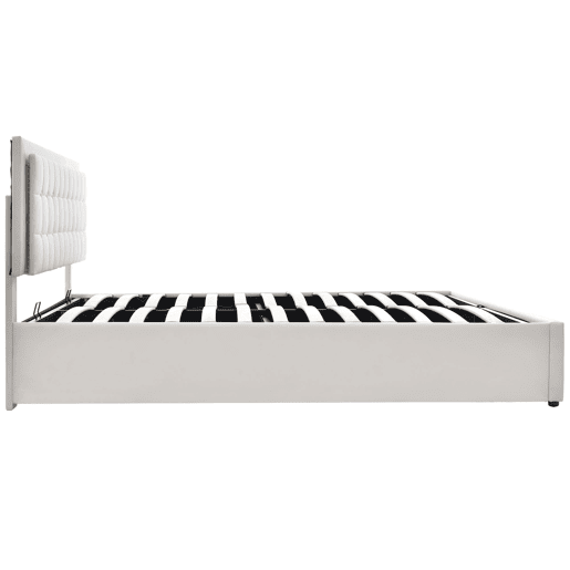 Cama estofada 140x200 - Com base em madeira e arrumação, com faixa de luz LED - Branca