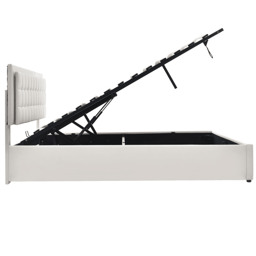 Cama estofada 140x200 - Com base em madeira e arrumação, com faixa de luz LED - Branca