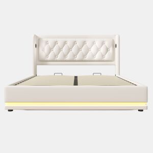 Cama estofada 160*200 cm - Material PU, Cama com arrumação hidráulica, Cabeceira acolchoada com carregador USB Tipo-C, Função LED em 3 lados - Branco