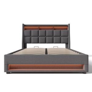 Cama estofada LED 160x200cm - Cama de casal com USB, base de metal, estrutura de linho, com colchão - Cinza