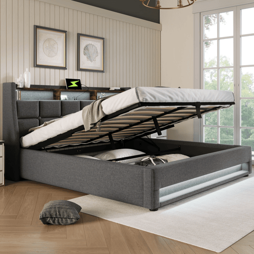 Cama estofada LED 160x200cm - Cama de casal com USB, base de metal, estrutura de linho, com colchão - Cinza
