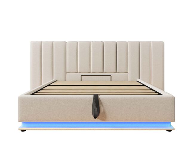 Cama tapizada 160x200 - almacenamiento, led con control por app y usb-c - beige