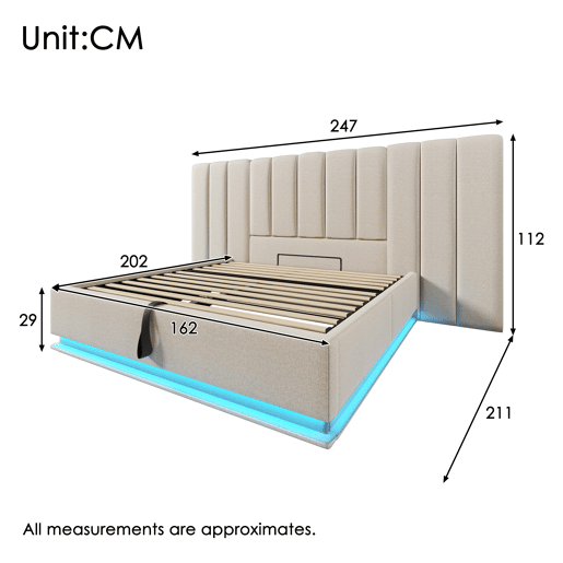 Cama estofada 160x200 - arrumação, LED com controlo por aplicação e USB-C - Bege