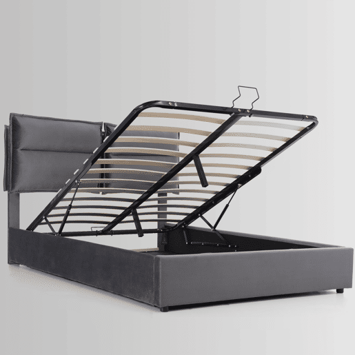 Cama de casal 140x200 - Cabeceira ajustável, arrumação, estrutura metálica, veludo - Cinza