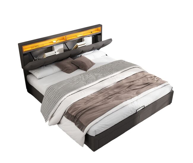 Cama tapizada 160*200 - led, almacenamiento hidráulico, cajones y cabecero abatible - gris