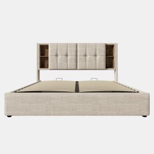 Cama de casal 140x200cm - Carregamento sem fios USB C, estrutura em madeira com arrumação, cabeceira ajustável - Natural