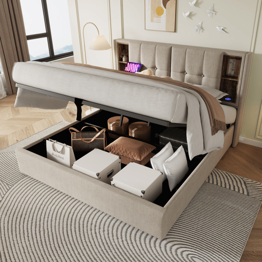 Cama de casal 140x200cm - Carregamento sem fios USB C, estrutura em madeira com arrumação, cabeceira ajustável - Natural