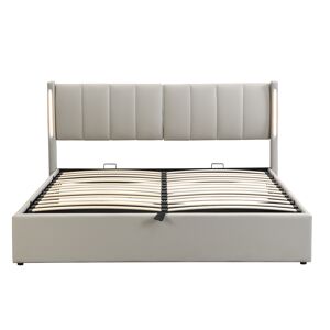 Cama estofada LED 140x190 cm - hidráulica, porta USB, arrumação, cabeceira ajustável - cinzenta