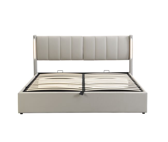 Cama tapizada led 140x190 cm - hidráulica, puerto usb, almacenamiento, cabecero ajustable - gris