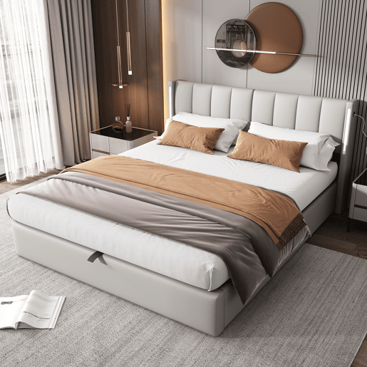 Cama estofada LED 140x190 cm - hidráulica, porta USB, arrumação, cabeceira ajustável - cinzenta