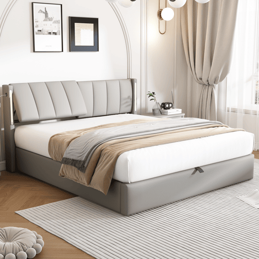 Cama estofada LED 140x190 cm - hidráulica, porta USB, arrumação, cabeceira ajustável - cinzenta