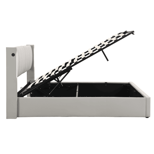 Cama estofada LED 140x190 cm - hidráulica, porta USB, arrumação, cabeceira ajustável - cinzenta