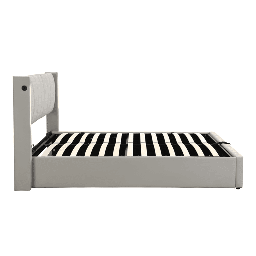 Cama estofada LED 140x190 cm - hidráulica, porta USB, arrumação, cabeceira ajustável - cinzenta