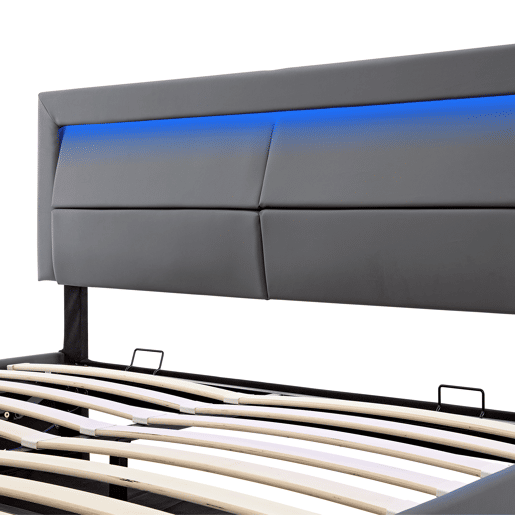 Cama estofada 140x190 - com porta USB, carregamento sem fios e com fios, iluminação LED e armazenamento - Cinza