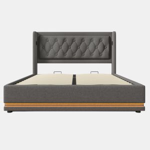 Cama estofada 140*200 cm - Material algodão, cama hidráulica com arrumação, cabeceira acolchoada com carregador USB tipo C, função LED em 3 lados - Cinza