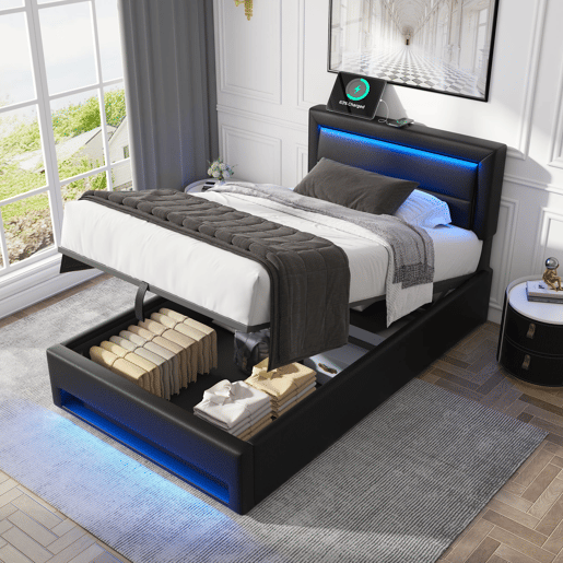 Cama estofada 90 x 190 cm - com USB, carregamento sem fios e com fios, LED e armazenamento - Preto