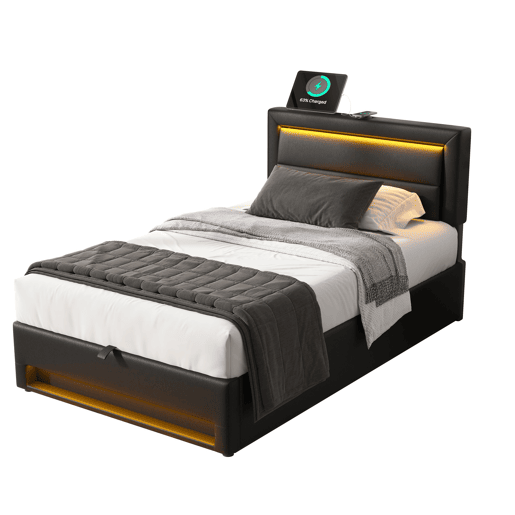 Cama estofada 90 x 190 cm - com USB, carregamento sem fios e com fios, LED e armazenamento - Preto