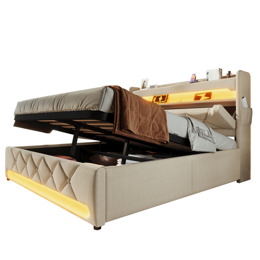 Cama de casal 160x200 - Cabeceira com arrumação, portas USB e Tipo C, função LED 360, bege